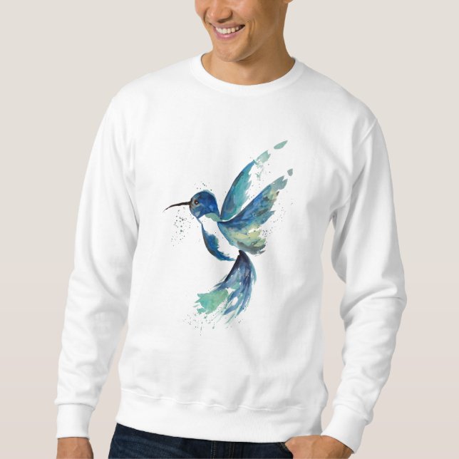 Blå Kolibri Akvarell Lång Ärmad Tröja (Framsida)