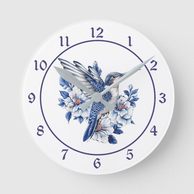 Blå Kolibri Blommig Rund Klocka (Framsida)