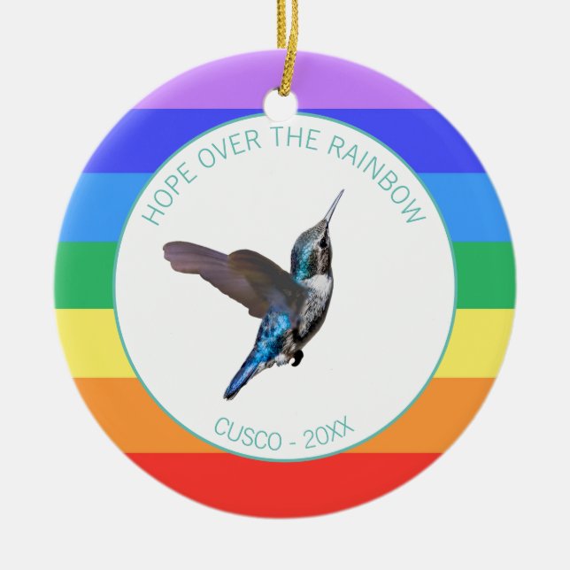 Blå kolibri på regnbågsfärger julgransprydnad keramik (Framsidan)