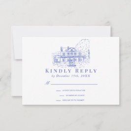 Blå kolonialhus/mansion/herrgård bröllop RSVP OSA Kort