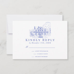 Blå kolonialhus/mansion/herrgård bröllop RSVP OSA Kort