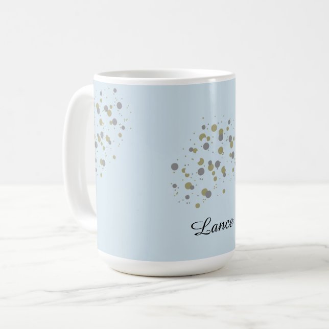 Blå konfettipunkter med namn kaffemugg (Framsida vänster)