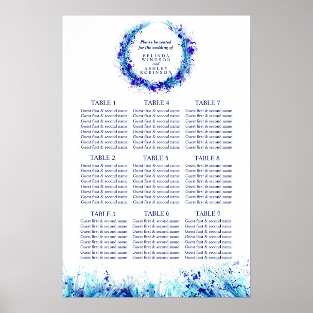 Blå konst bröllop sittplatser bord planerare 1-9 b poster (Framsidan)