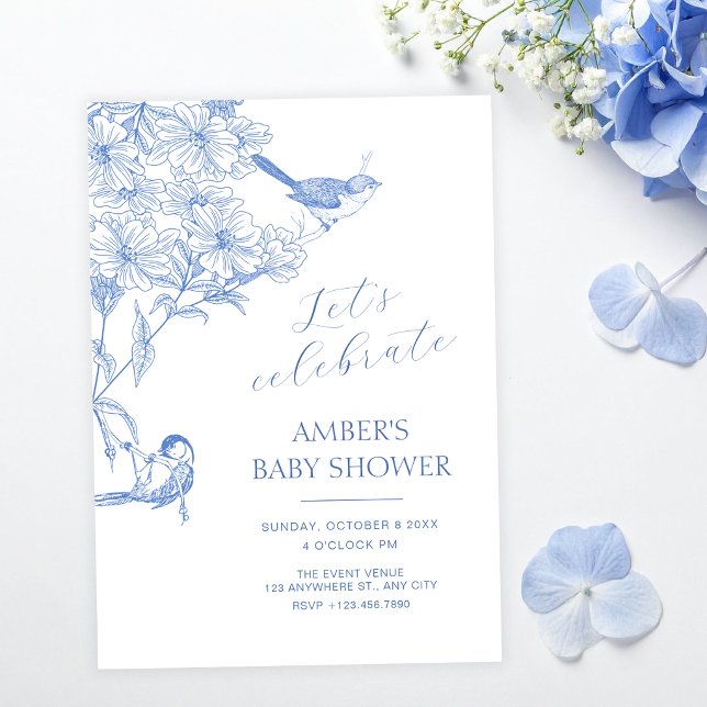 Blå konstnärlig botanisk fågel baby shower inbjudningar (Skapare uppladdad)
