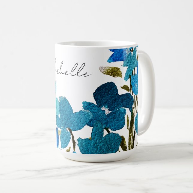 Blå konstnärliga vildblommor vattenfärg monogram kaffemugg (Framsida höger)