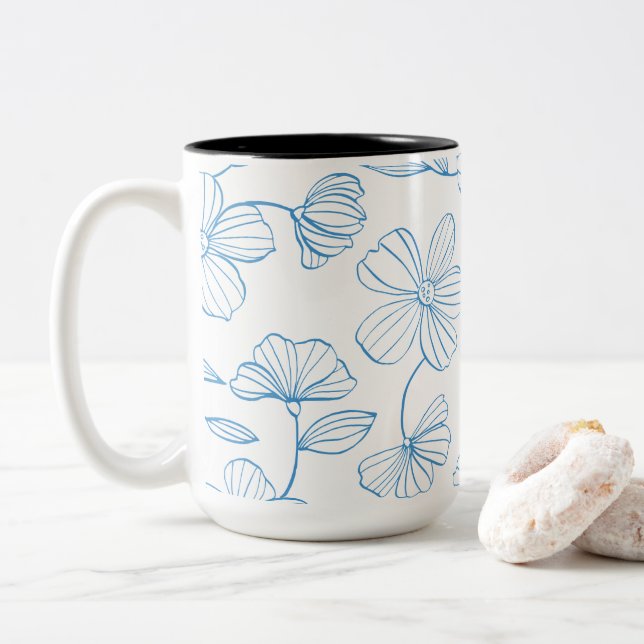 Blå Konturerad Modern Blommig Elegans Motiv Två-Tonad Mugg (Med munk)