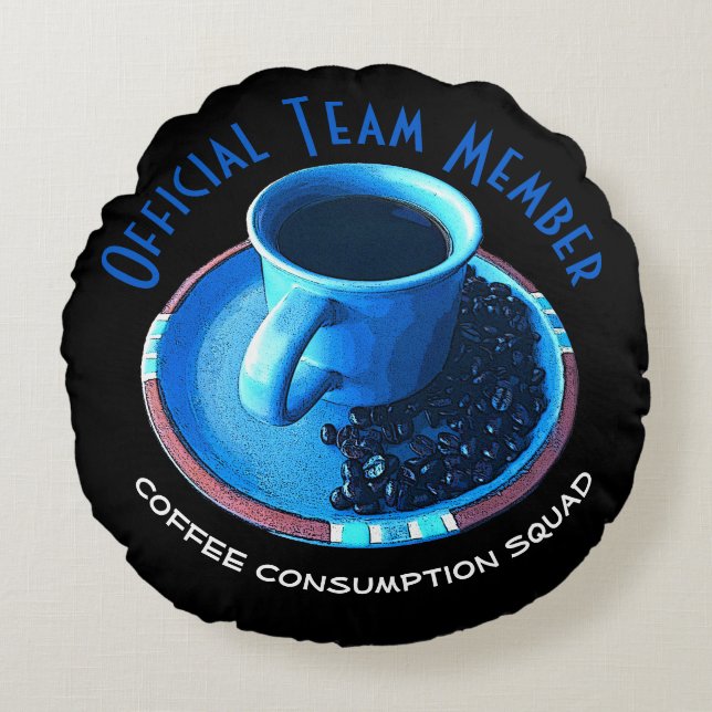 Blå Kopp, svart kaffe, aucer och bönor Rund Kudde (Framsidan)