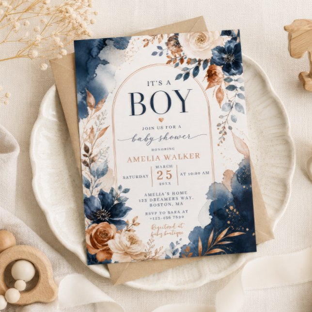 Blå & Koppar Akvarell Baby Shower Inbjudan (Skapare uppladdad)