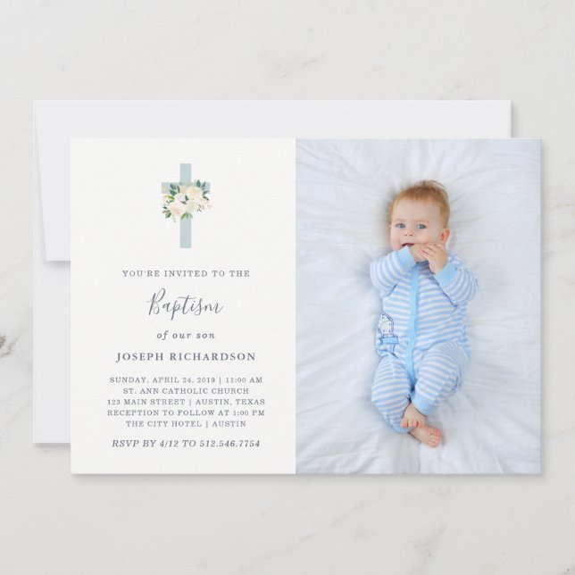 Blå Kor och vita blommor | Photo Boy Baptism Inbjudningar (Framsida)