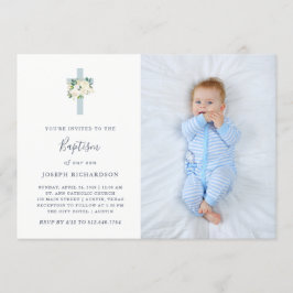 Blå Kor och vita blommor | Photo Boy Baptism Inbjudningar