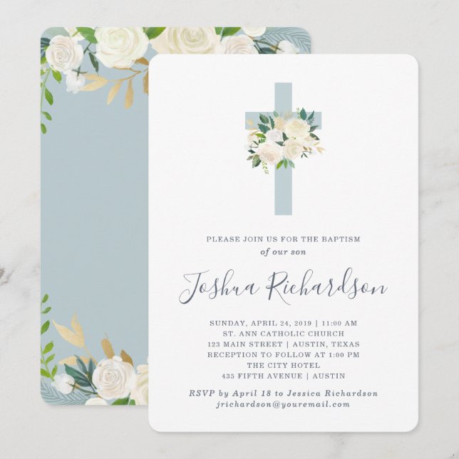 Blå Kor och vita blommor| Pojkbaptism Inbjudningar (Fram/baksida)