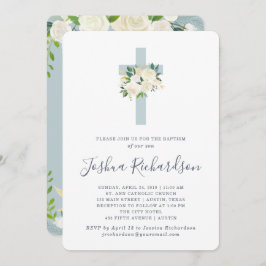 Blå Kor och vita blommor| Pojkbaptism Inbjudningar