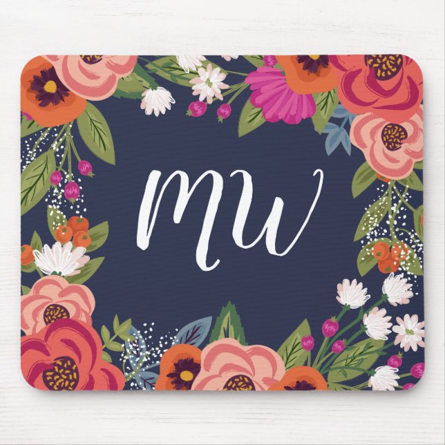 Blå koral Boho Flower Ram Monogrammed marinblå kor Musmatta (Framsidan)