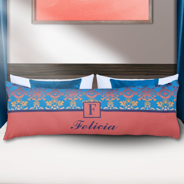 Blå Korall Damask Monogram Personligt Namn Kroppskudde (Skapare uppladdad)