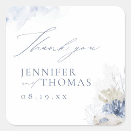 Blå korall och Seashells Beach Wedand Tack Fyrkantigt Klistermärke