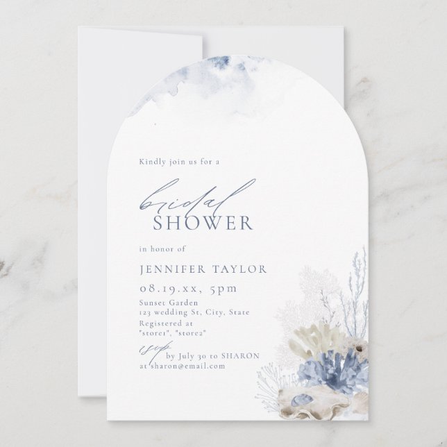 Blå korall och stranden på stranden, temat Möhippa Inbjudningar (Framsida)