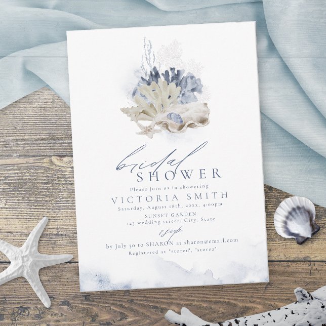 Blå korall och stranden på stranden, temat Möhippa Inbjudningar (Blue coral & seashells beach themed Bridal Shower Invitation)