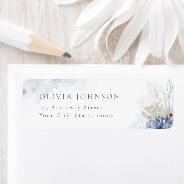 Blå korall och stranden på stranden, temat Returad Returadress Etikett (Insitu)