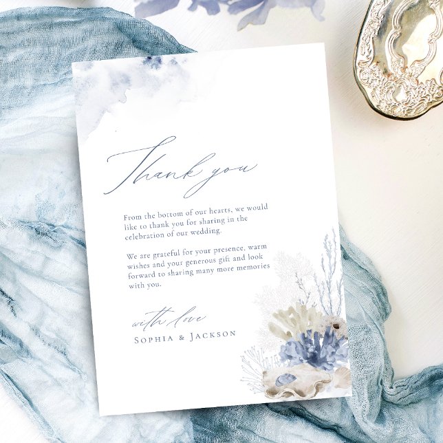 Blå korall och stranden på stranden, temat Tack Kort (Blue coral & seashells beach themed Thank You)