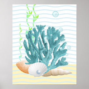Blå korall, Seashells och Blue Pearl Poster