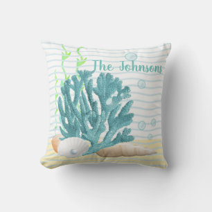 Blå korall, siakeller och blå pärla kudde