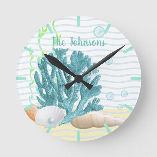 Blå korall, siakeller och blå pärla rund klocka (Framsida)