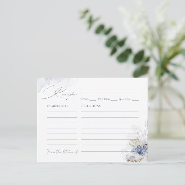 Blå korall & snigelhus strandtematisk receptkort vykort (Stående Fram)