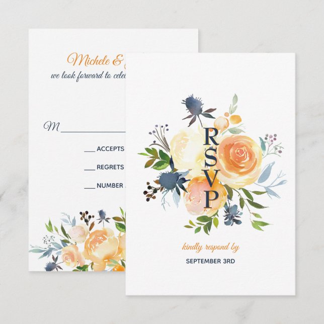 Blå korallblommig RSVP-kort för bröllop Inbjudningar (Fram/baksida)