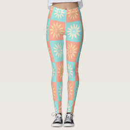 Blå korallgul blommönster leggings