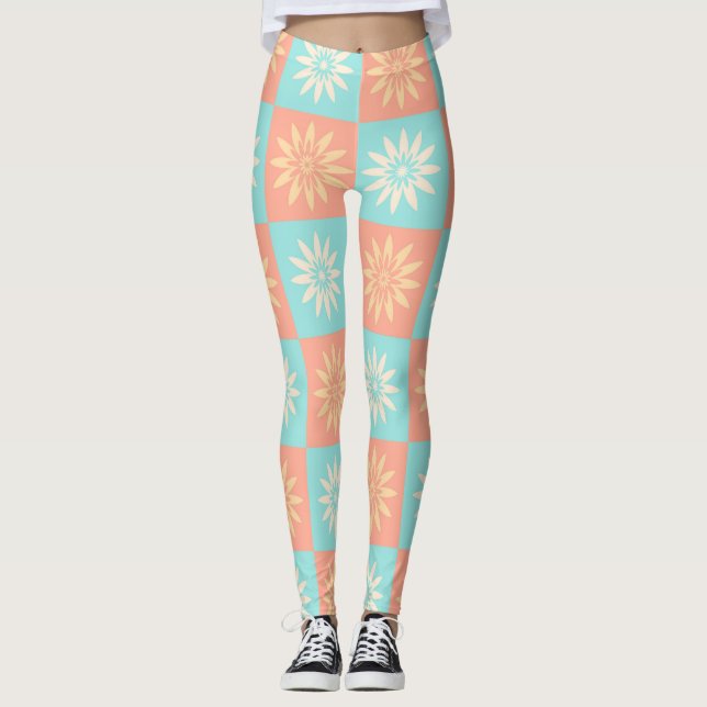 Blå korallgul blommönster leggings (Framsida)