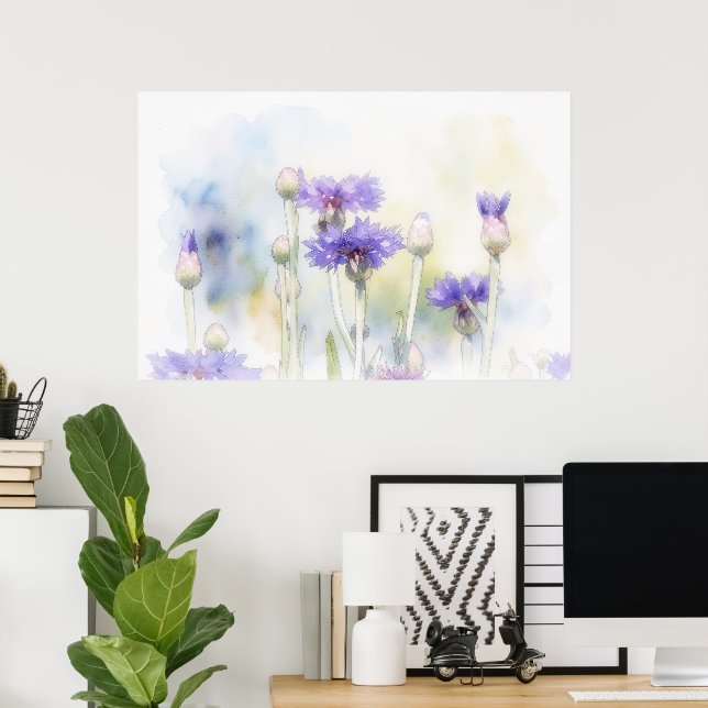 Blå Kornblomma Akvarell Stil Konsttryck Poster (Hemmakontoret)