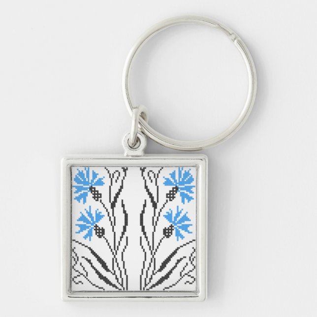 Blå kornblomma, kor-stygn fyrkantig silverfärgad nyckelring (Framsidan)