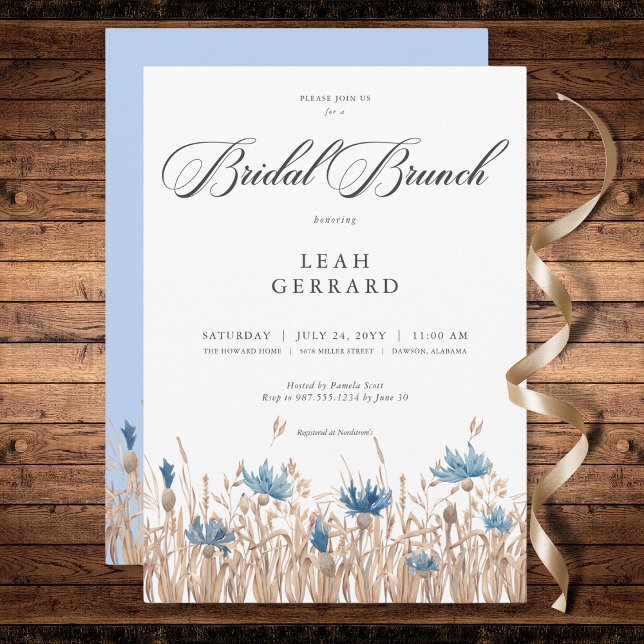 Blå Kornblommor & Bröllopsbrunch i Vetefält Inbjudningar (Blue Cornflowers & Wheat Field Bridal Brunch Invitation)