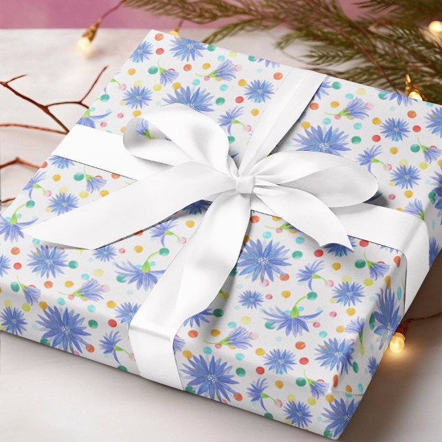 Blå kornblommor, flerfärgade prickar Påsk Presentpapper (Skapare uppladdad)