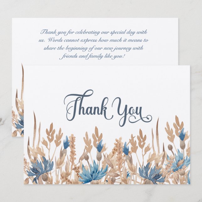 Blå kornblommor och vete Fält Bröllop Tack Kort (Fram/baksida)