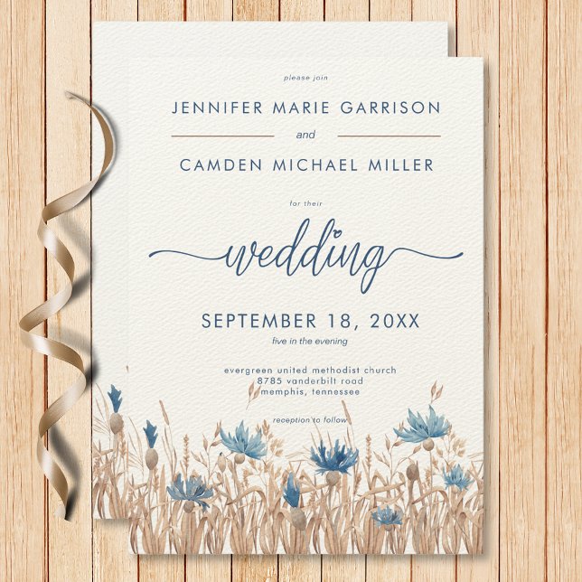 Blå kornblommor och vete Fält Modern Bröllop Inbjudningar (Blue Cornflowers & Wheat Field Modern Wedding Invitation)