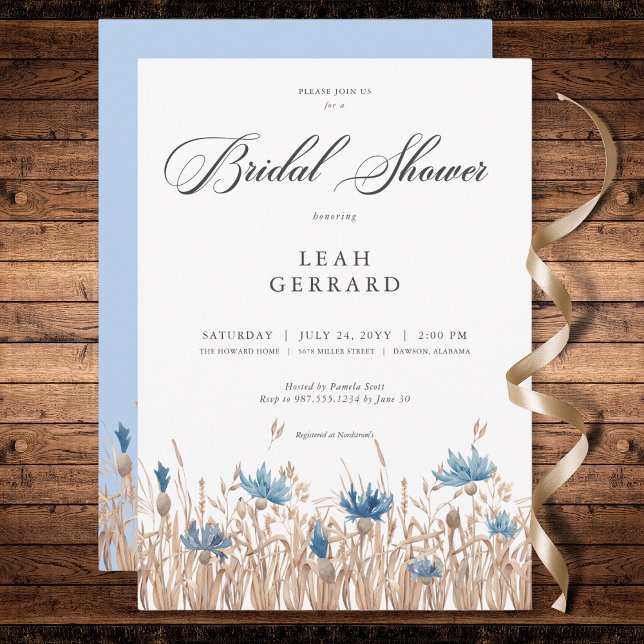 Blå kornblommor och vete i Möhippan Fält Inbjudningar (Blue Cornflowers & Wheat Field Bridal Shower Invitation)