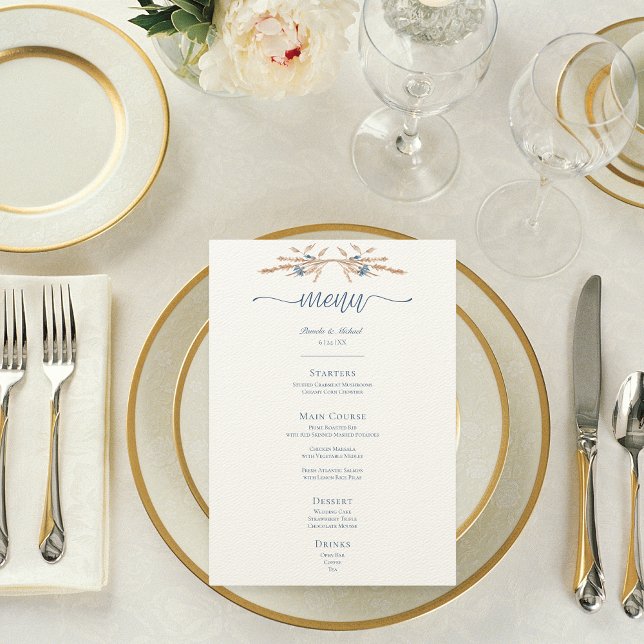 Blå kornblommor och vete, modern Cream Bröllop Meny (Blue Cornflowers & Wheat Modern Cream Wedding Menu)