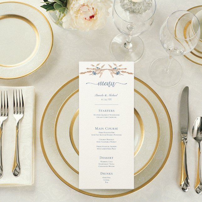 Blå kornblommor och vete, modern Cream Bröllop Meny (Blue Cornflowers & Wheat Modern Cream Wedding Menu)