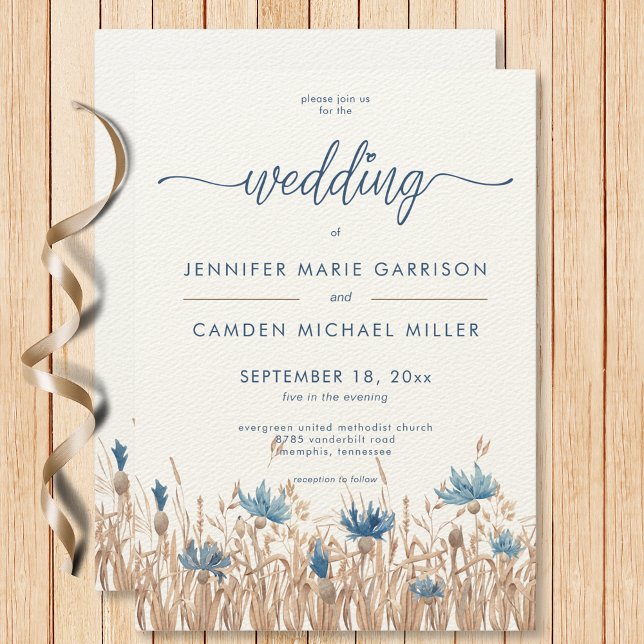 Blå kornblommor vete Fält Cream Modern Bröllop Inbjudningar (Blue Cornflowers Wheat Field Cream Modern Wedding Invitation)
