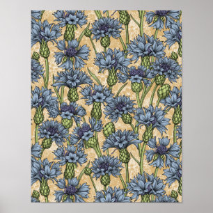 Blå kornblommor, vild blommor på honneyns gult poster