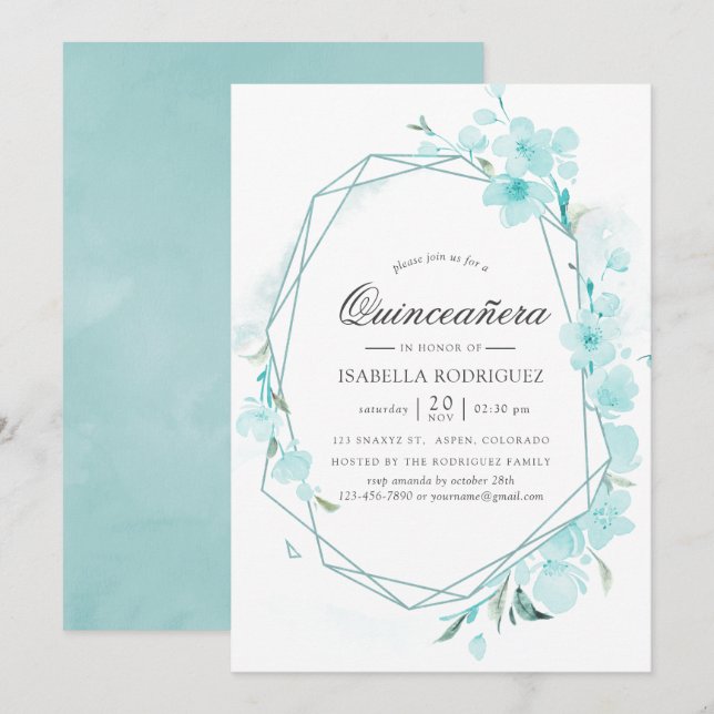 Blå körsbärsblom Geometric vår Quinceañera Inbjudningar (Fram/baksida)