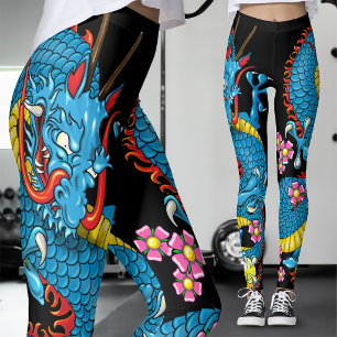 Blå Körsbärsblomster Drak Tatuering i Svart Leggings