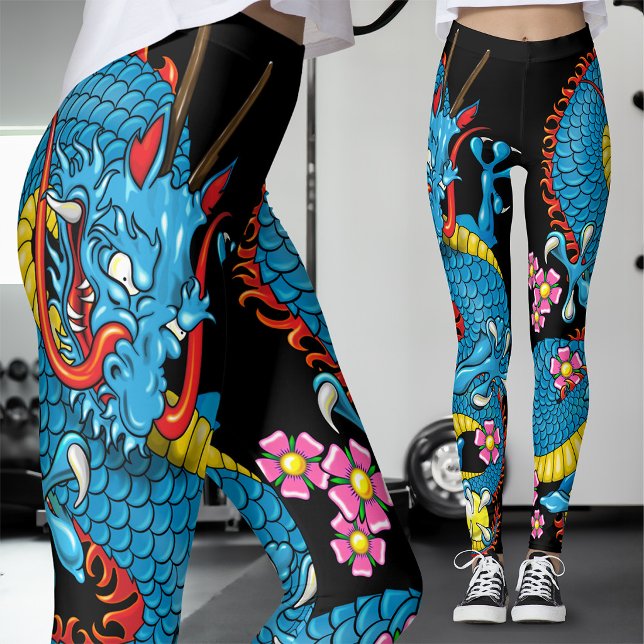 Blå Körsbärsblomster Drak Tatuering i Svart Leggings (Skapare uppladdad)