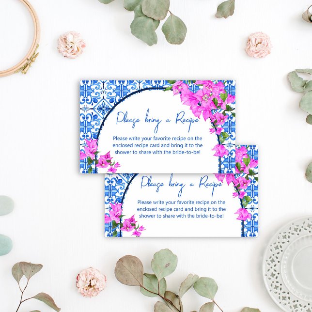 Blå kort för Tiles Bougainvillea Mediterranean Rec (Blue Tiles Bougainvillea Mediterranean themed bridal shower Recipe enclosure card)