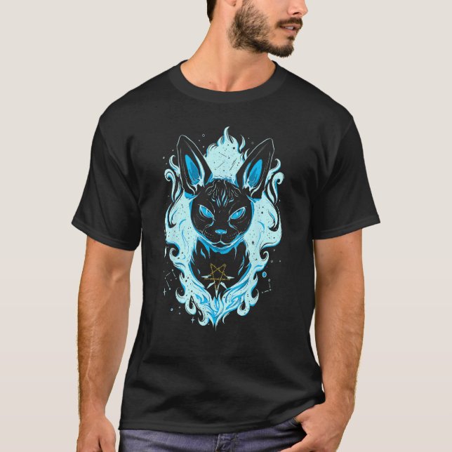 Blå Kosmisk Sphynx Katt T Shirt (Framsida)