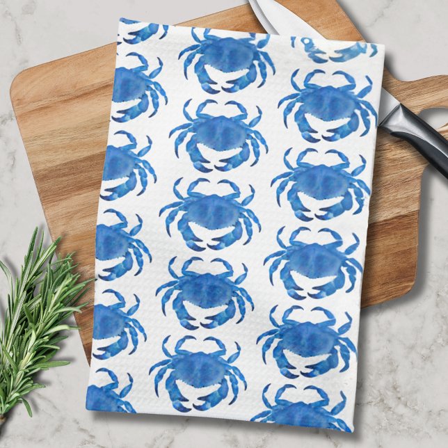 Blå Krabb Mönster Kökshandduk (Blue crab kitchen towel.  Matching kitchen and dining products available.)