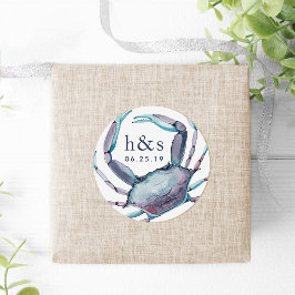 Blå krabba Bröllop Monogram Runt Klistermärke