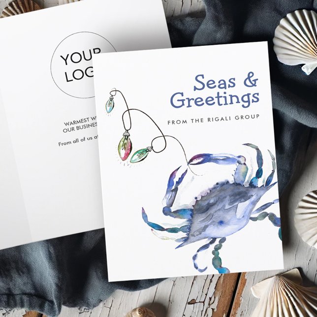 Blå krabba för persikofärgad julklapp tack kort (Beach business Christmas cards with logo watercolor crab art by Victoria Grigaliunas Do Tell A Belle)