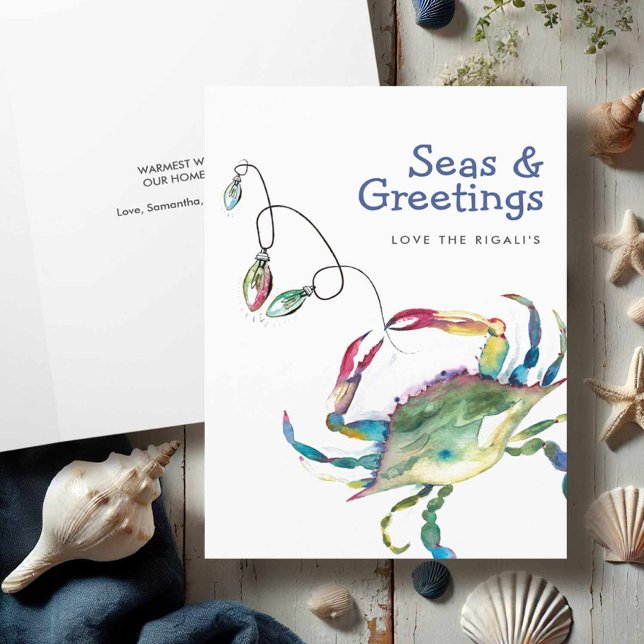 Blå krabba för persikofärgad julklapp tack kort (Beach Christmas cards watercolor blue crab art by Victoria Grigaliunas Do Tell A Belle)